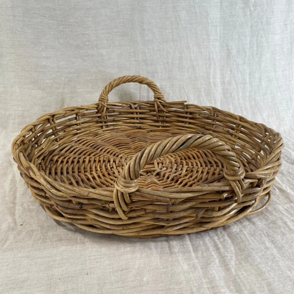 Vintage Large Round Wicker Tray Basket 18 Inch Handled Ottoman Coffee Table